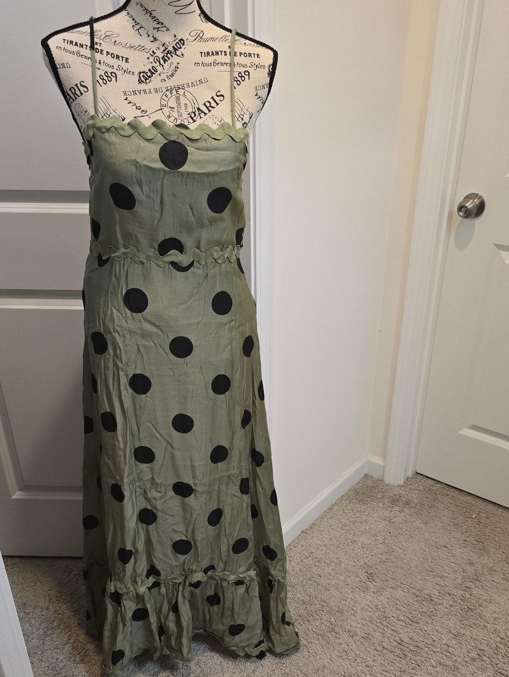 Olive Green Polka Dot Maxi Dress with Ruffle Accents